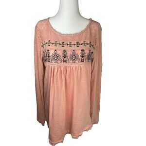 Sundance Peach Embroidered Lace Inset Long Sleeve Boho Blouse Top